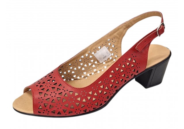 sandale dama rosii din piele naturala perforate cu toc mediu CP431R